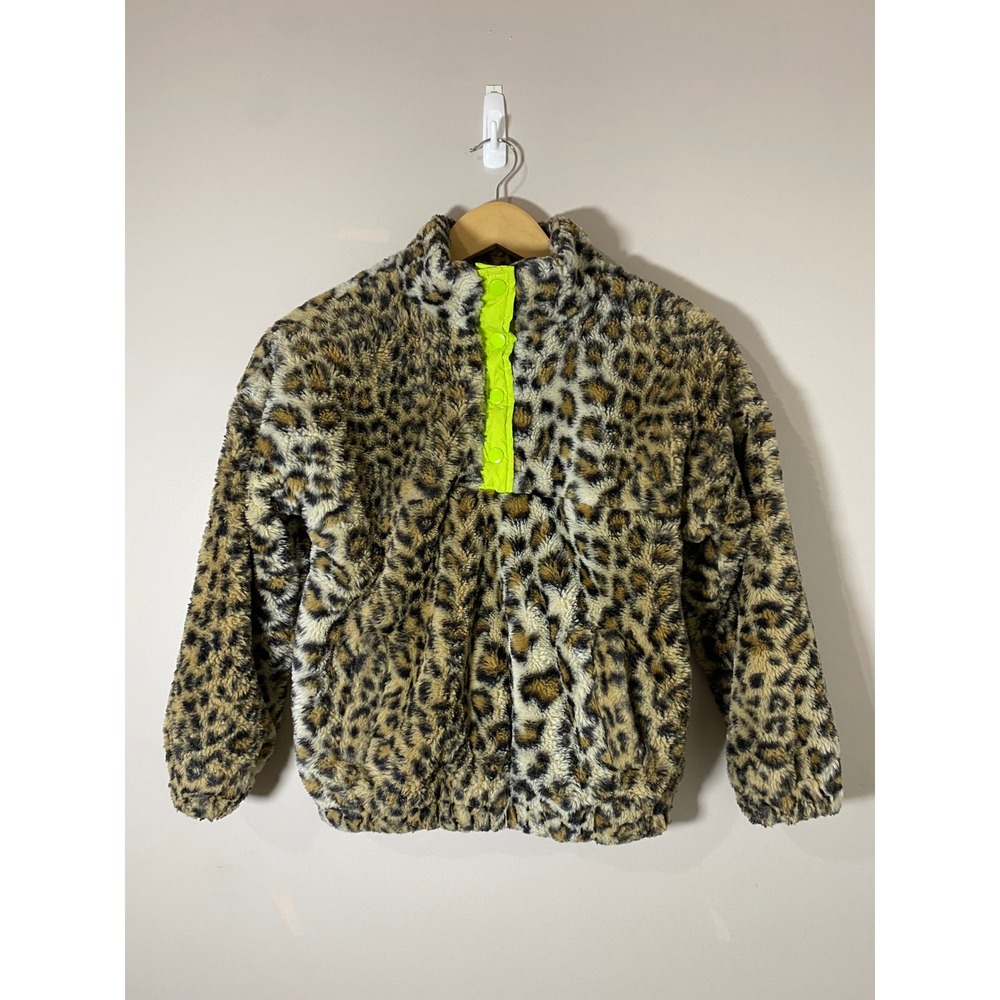 Treasure & Bond Girls Leopard Faux Fur Snap Pullover Neon Yellow Brown‎ M 8/10